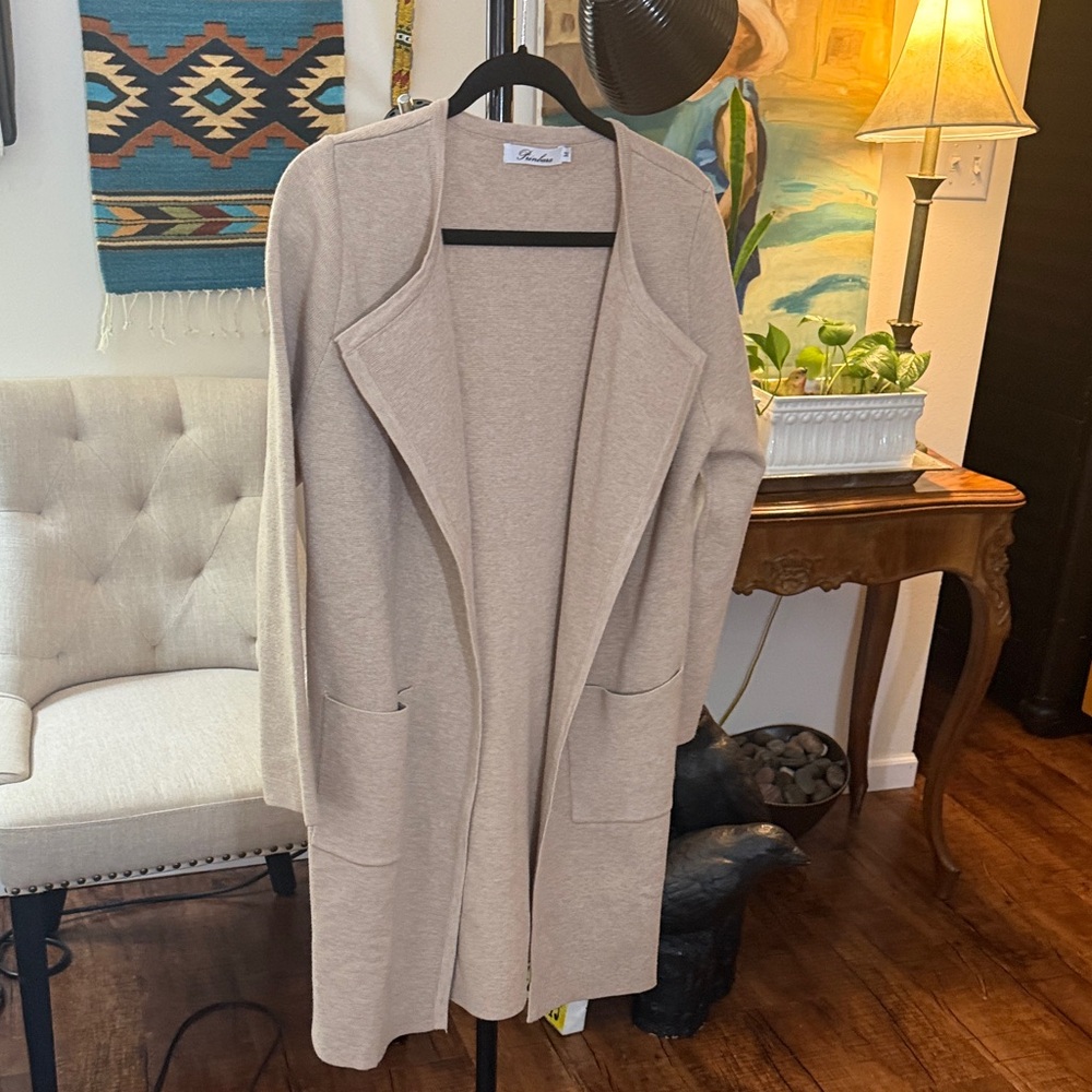 Open-Front Long Cardigan Sweater in Light Beige - Unbranded